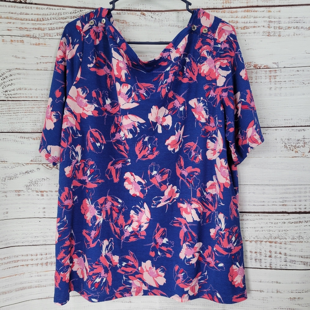 Jones New York Signature Royal Blue Pink Flowers Short Sleeve Blouse Size XL